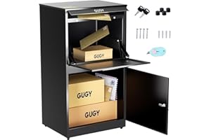 GUGY Package Delivery Boxes for Outside, Secure Parcel Drop Delivery Mailboxes, Anti-Theft Baffle with Lock, Galvanized Steel IPX3 Waterproof for Porch Curbside Courtyard, Black 19x15x35inch