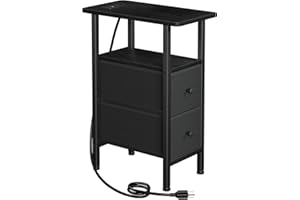 LOAKEKEL Narrow End Table Living Room with Charging Station, Skinny Side Table with Fabric Drawers, Slim Nightstand for Bedroom, Small Spaces, Couch, Black, HETNDP02BK-1