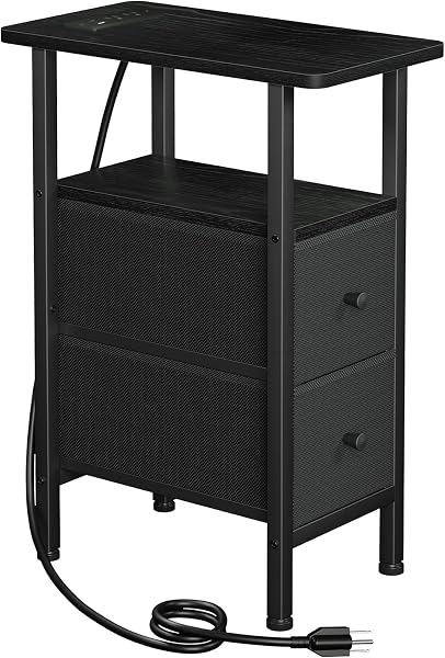 LOAKEKEL Narrow End Table Living Room with Charging Station, Skinny Side Table with Fabric Drawers, Slim Nightstand for Bedro