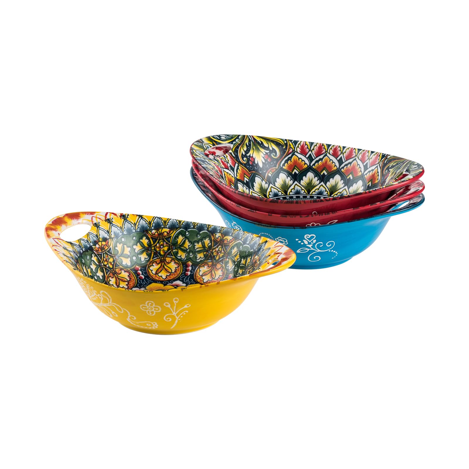 Cereal Bowls, Porcelain Serving Bowl Set of 4-19 Oz, Bowls with Handles for Cereal, Pasta, Salad, Soup, Microwave & Dishwasher Safe Mixing Bowl with Bohemian Pattern