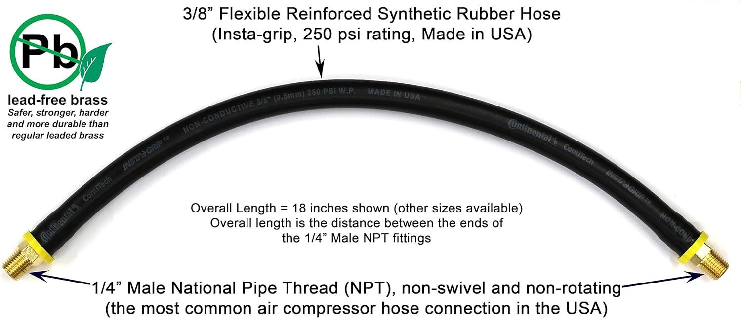 18-inch Short Air Compressor Hose: 1/4" Male NPT to 1/4" Male NPT Connections (Lead-Free Brass) - - 