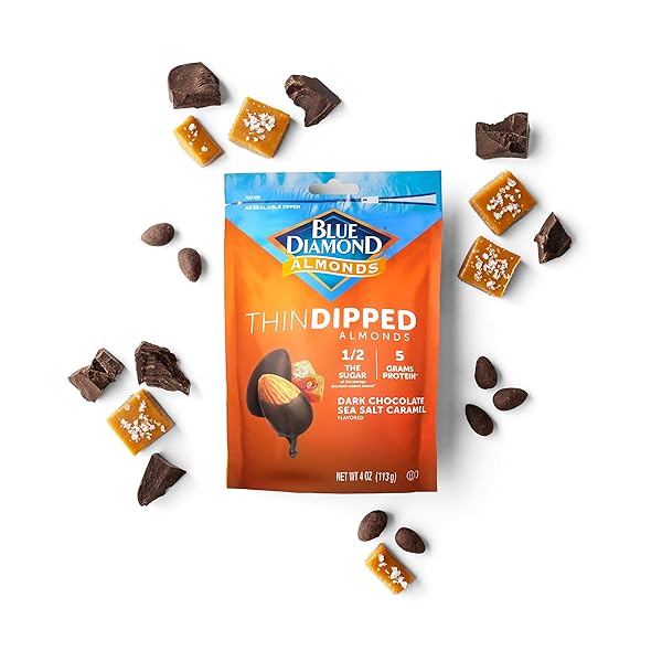BLUE DIAMOND ALMONDS, DARK CHOCOLATE SEA SALT CARAMEL COVERED THIN DIPPED SNACK NUTS FOR GUILT-FREE SNACKING WITH HALF THE SUGAR, PERFECT FOR GATHERING, HOLIDAYS, OR CRAVING A SWEET TREAT, 4OZ. RESEALABLE BAG