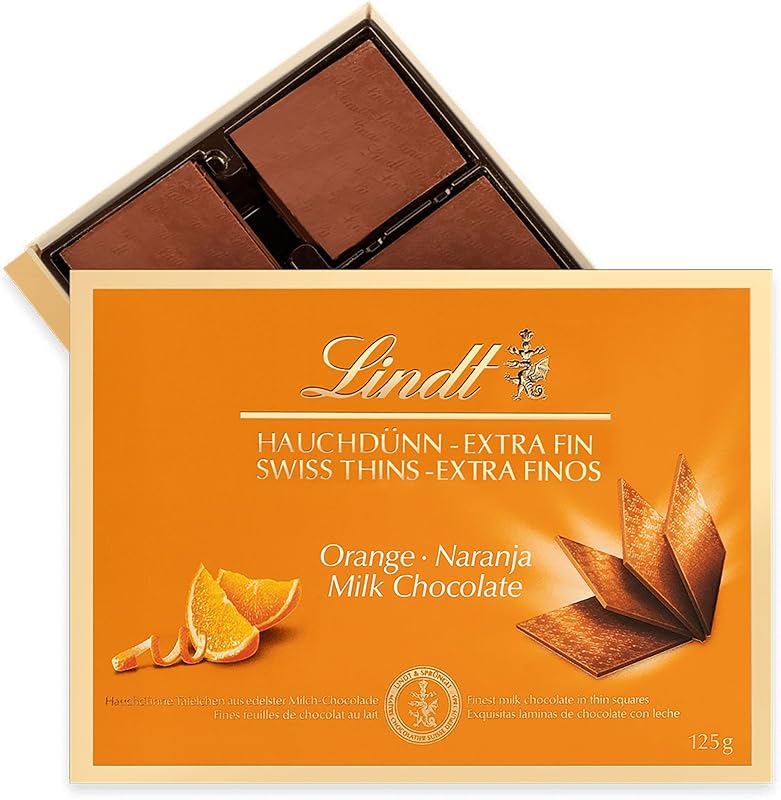 Swiss Thins Chocolate de leite e laranja, folhas de chocolate extra finas, chocolate negro fino, 125G