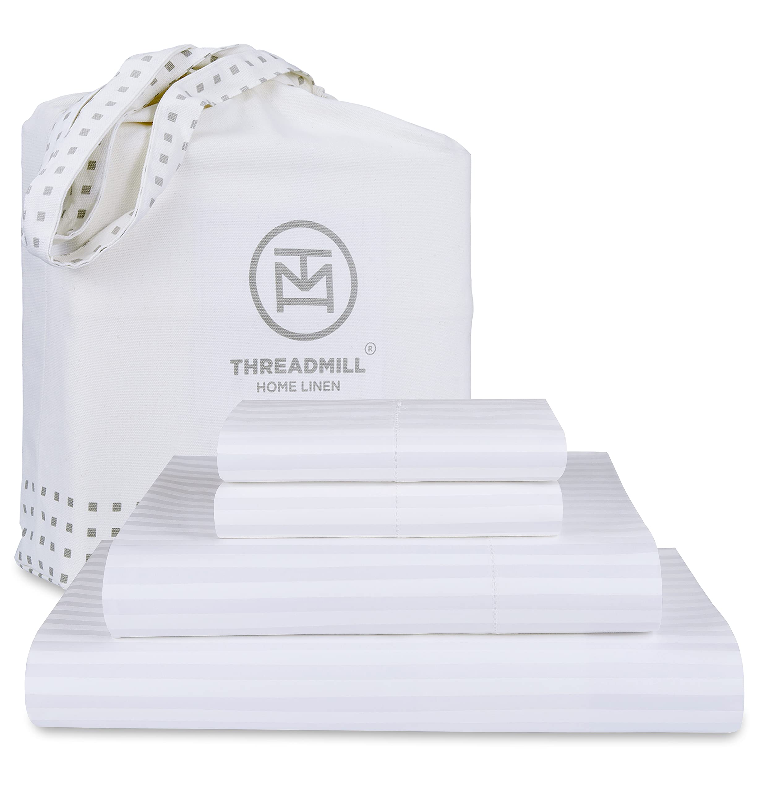 Photo 1 of Threadmill 100% Cotton Sheets for King Size Bed - 600 Thread Count King Bed Sheets Set with 16” Deep Pocket - Damask Stripe Sateen Weave 4-Piece Bedding Set with Cooling Effect, White