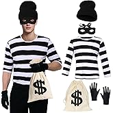 AiMiAO Robber Costume Set Black and White Striped T-Shirt Men's Burglar Set Halloween Cosplay Thief Accessories for Adult