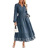 Simplee Women's Long Sleeve Fall Long Dress Swiss Dot Maxi Wedding Guest Dress Boho V Neck Casual Dress with Pockets
