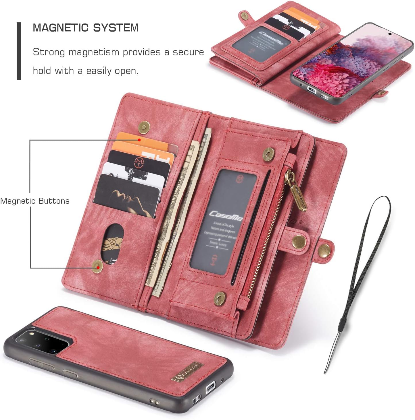 ANROD Detachable Leather Wallet Case for Samsung Galaxy S20 Plus,CaseMe Magnetic Closure 2-in-1 Flip TPU Shockproof Zipper Purse Back Cover with Card Slots (Red) - Image 5