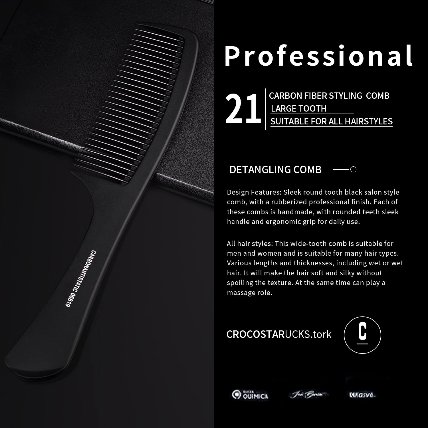 Large Detangling Comb With Professional Handle - Carbon Fiber, Cutting, Hairdressing, Styling, Round Tooth, Barber, Travel Hair Comb for Men and Women