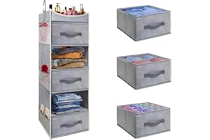 ROOMTALK 6-Tier Hanging Closet Organizer with 6 Side Pockets 3 Removable Drawers, Foldable Hanging Closet Shelves for Storage Clothes Shoes Hats Toys, Grey.