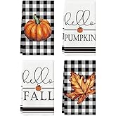 Artoid Mode Buffalo Plaid Pumpkin Hello Fall Kitchen Towels Dish Towels, 18x26 Inch Decoration Hand Towels Set of 4