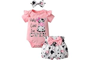 Infant Baby Girls Summer Clothes Newborn Cow Letter Ruffle Romper Shorts Headband 3pcs Outfit Set