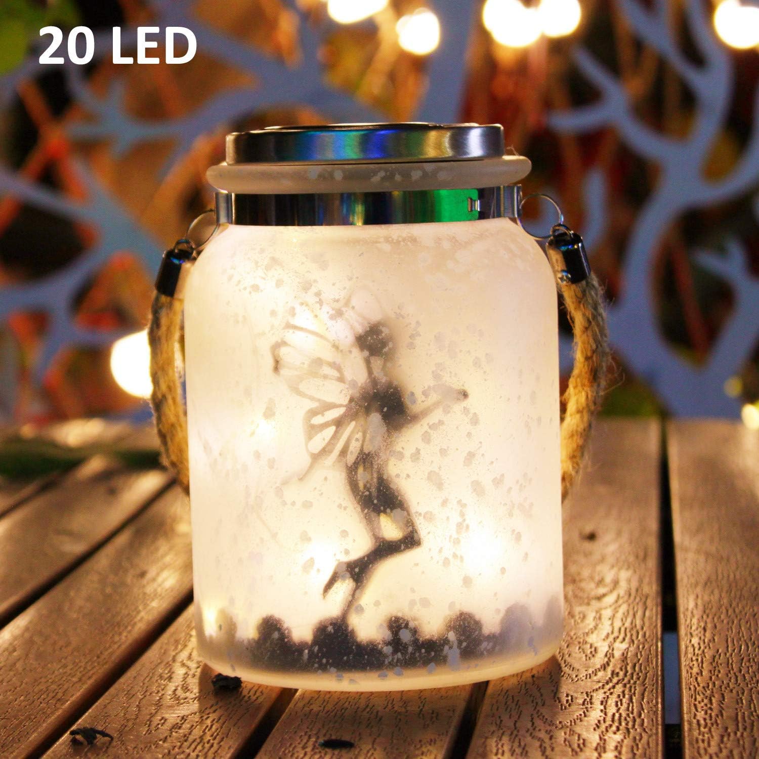 Fairy Solar Jar Outdoor Decorative, White Frosted Glass Jar Solar Lights as Lanterns or Table Lights, Fairies' Shadow Gleamingly, 20 x Warm White Mini LEDs, Hemp Rope Handle