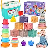 Baby Montessori Toys 6–12 Months, Building Blocks for Baby, Stacking Cups Infant Toys, Shapes for Sorting Play, Sensory Teeth
