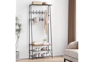 AMYOVE Coat Rack Shoe Bench with 8 Hooks, Hall Trees Entryway Bench with Storage, Multifunctional Hallway Organizer, Wood Look Accent Furniture with Metal Frame