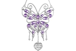 BOGDAN Mother's Day White Rhinestones Butterfly Window Decor Wind Chime Hanging Suncatcher Ornament for Garden House, Glittering Gifts from Mom Mothers Daughter Birthday （ I Love You Mom