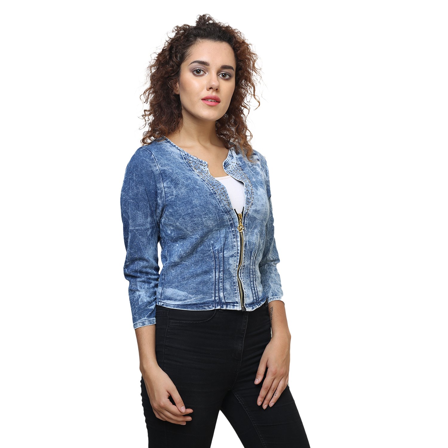 buynewtrend denim blue shrug/jacket for women
