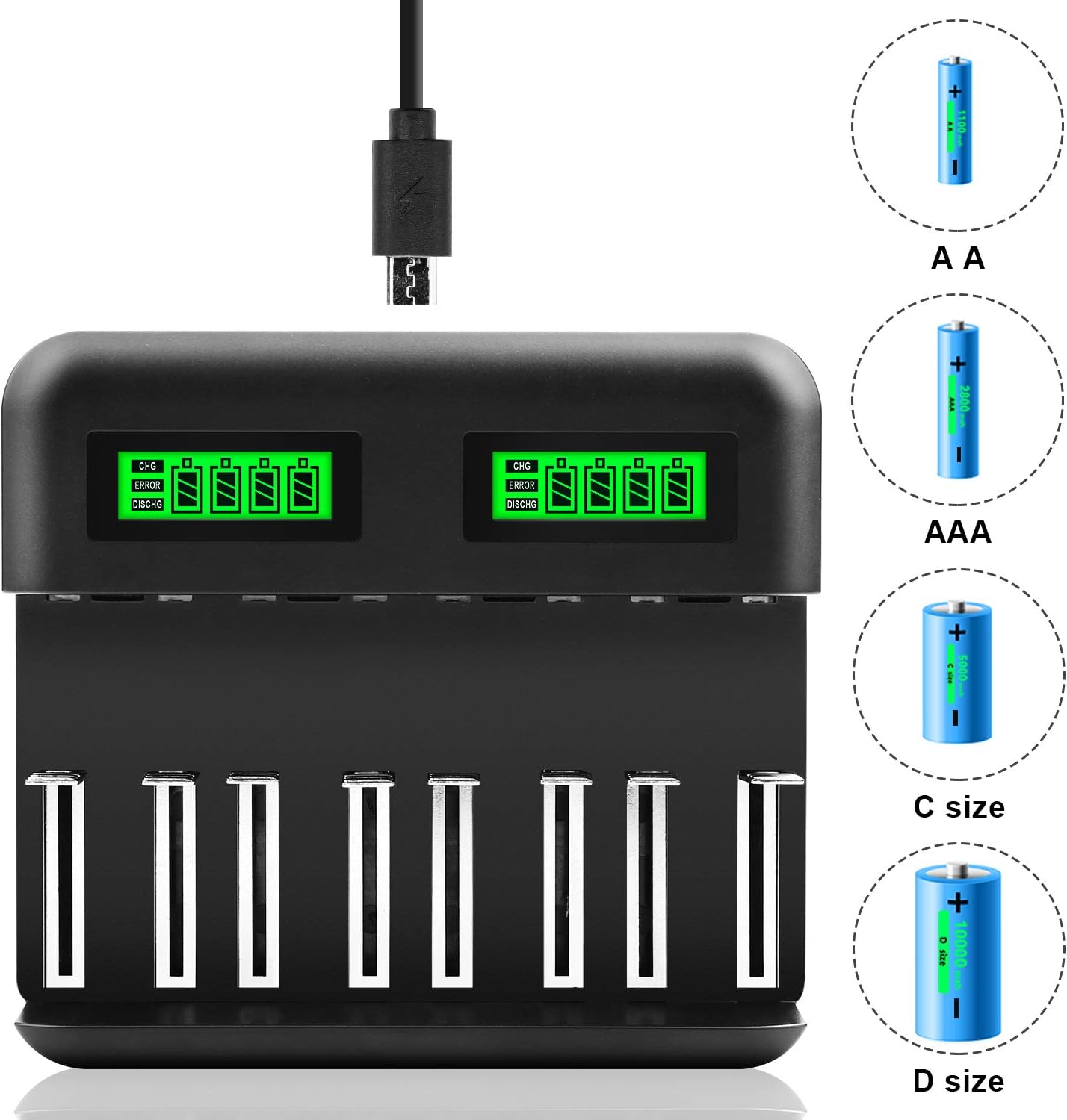 LCD Display Universal Battery Charger,8 Bay Smart Charger for Rechargeable Batteries Ni-MH/Ni-Cd A AA AAA SC C D Batteries with USB Port Type c and Overcharge Prevention Function (No Adapter): Electronics