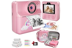 BEINHOME Instant Print Camera for Kids, Digital Selfie Cameras with Carry Case & 5-Color Paper, Portable Toddler Toy Christmas Birthday Gifts for 3 4 5 6 7 8 9 10 11 12 Year Old Girls - Pink