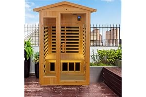 Xmatch Far Infrared Wooden Outdoor Sauna, 2-Person Size 1750W, 9 Low EMF Heaters, 10 Minutes Pre-Warm up, Time and Temp Pre-Set, 2 Bluetooth Speakers, 2 LED Reading Lamp and 2 Chromotherapy Lights