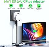 AUNNO UK to EU Plug Adapter PD 20W 2 USB 1 USB-C Grounded Type E/F view 5