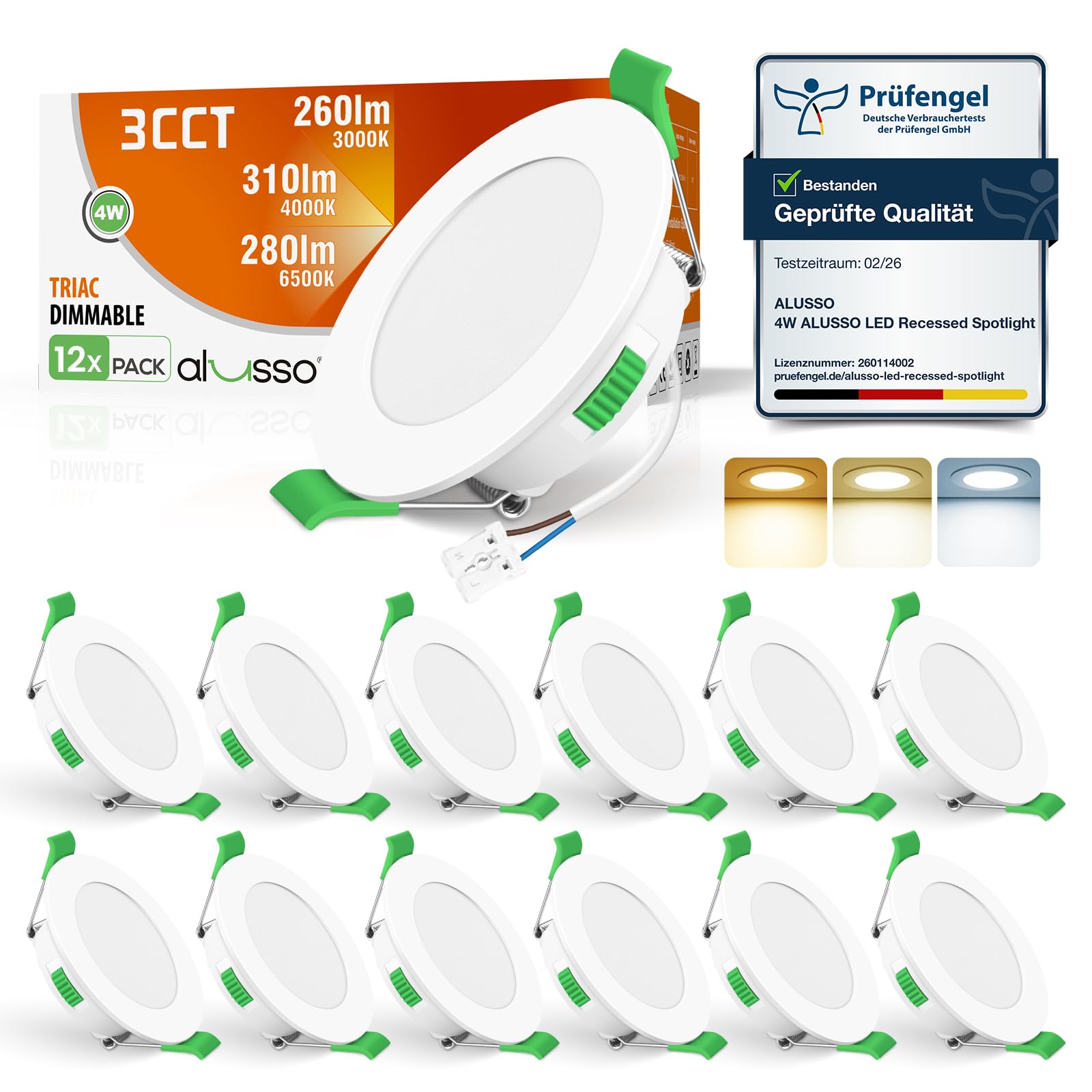 ALUSSO LED Recessed Ceiling Lights 4W 310LM, LED Downlights 68mm Cutout Dimmable, Ultra Slim IP44 Bathroom Spotlights, Warm White 3000K Neutral White 4000K Cool White 6500K, Beam Angle 120°, 12 Pack