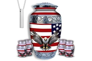 AMERICURN Set of 6 American Flag Decorative Cremation Urns for Ashes Adult Male & Female Includes 1 Large Urn with 4 Small Keepsakes & 1 NecklaceUrn for Human Ashes