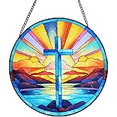 Stained Glass Cross Window Hanging, 8''/20CM Suncatchers for Windows Diamond Textured Glass Cross Decorative Hanging Ornaments Stained Glass for Chirstmas Suncatcher Window Panel Gift Home Decor