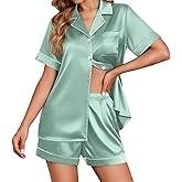 Ekouaer Womens Satin Silk Pajamas Set Short Sleeve Sleepwear Button Down Top and Shorts Loungewear 2 Piece Pjs Set S-XXL