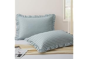 KKJIAF 2 Pcs Plaid Ruffle Pillow Case King Size, Cotton Gingham Ruffled Euro Sham Pillow Covers 20x36 Inch, Linen Feel Plaid Bed Pillow Shams with Envelope Closure for Sofa Bed (Dusty Blue Plaid)