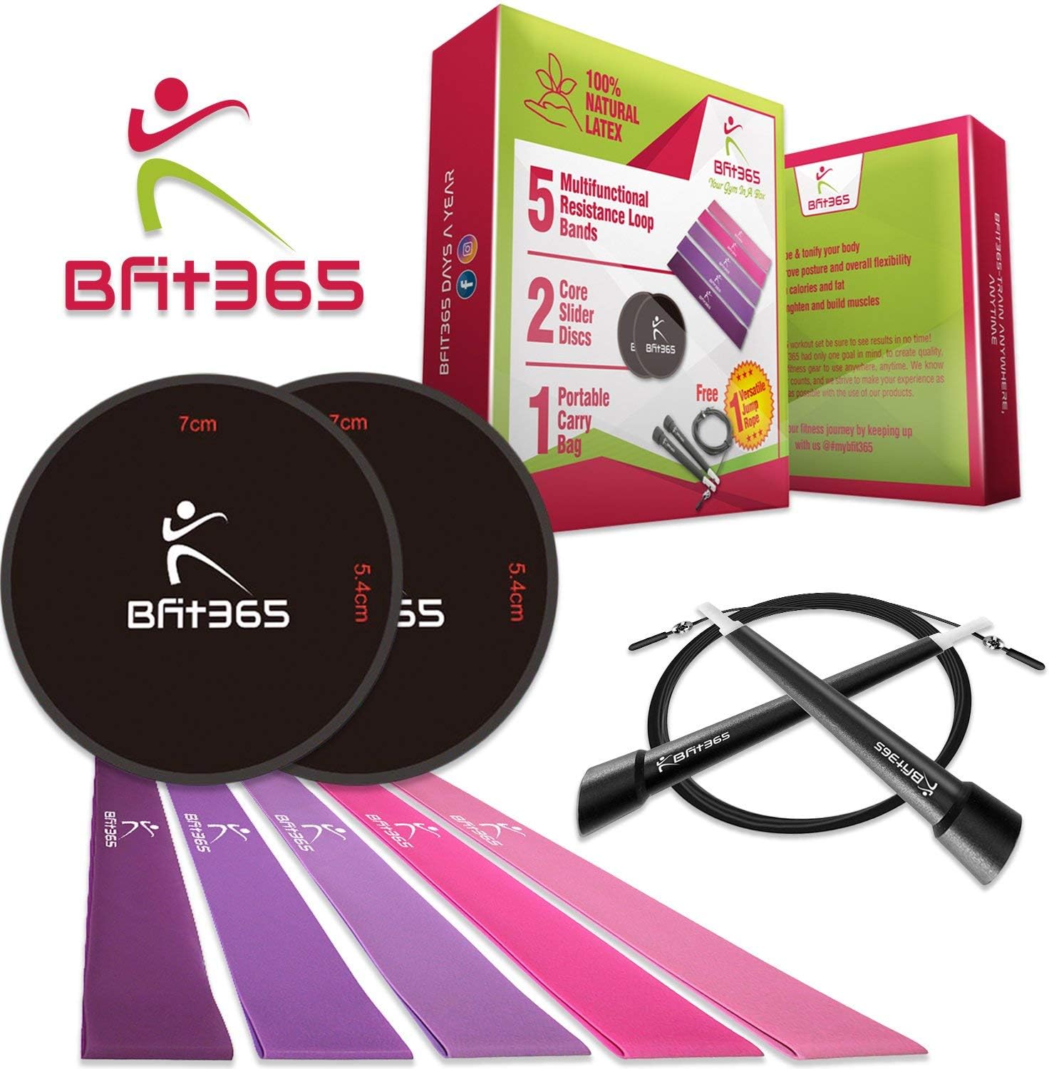 Bfit365 5 Quality Resistance Bands with Dual core Sliders for high/Low Intensity Training | Free Jump Rope Included for Cardio |Total Body Workout at Home, Gym &/or The go.