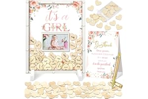 Beeveer 65 Pcs Baby Shower Guest Book Decorations Baby Shower Sign in Guest Book Alternatives Floral It's a Girl Decorations with Photo Frame and 60 Wood Slices Keepsakes for Guests