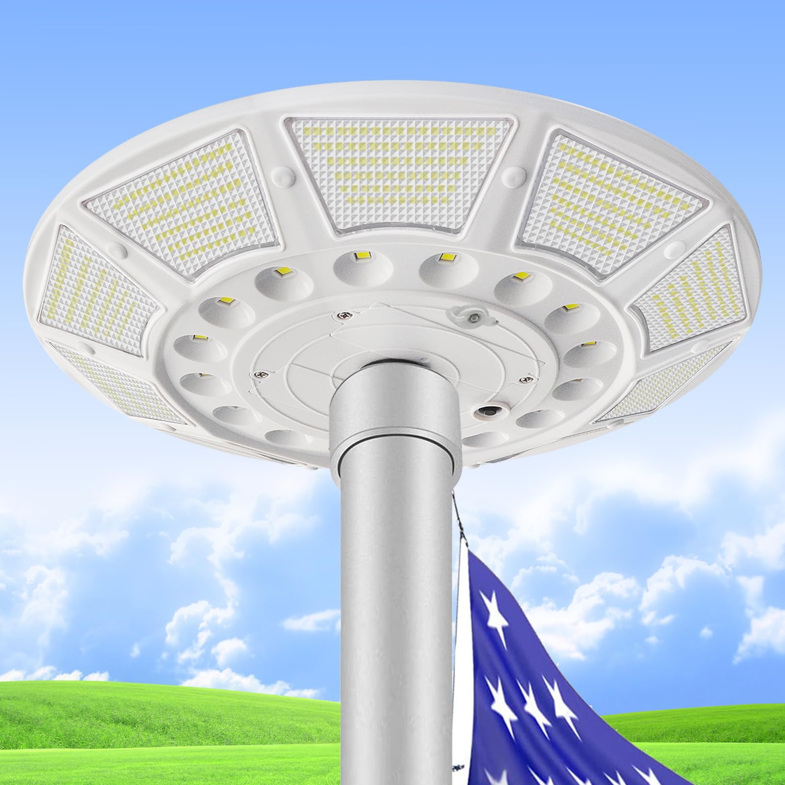 Photo 1 of enrybia Flag Pole Light Solar Powered Solar Flagpole Light with DC Charge Port Top Mount 566 LED Brightest Water Resistant Outdoor Dusk to Dawn American Flag Lights Fits 15-40 ft Flagpoles
