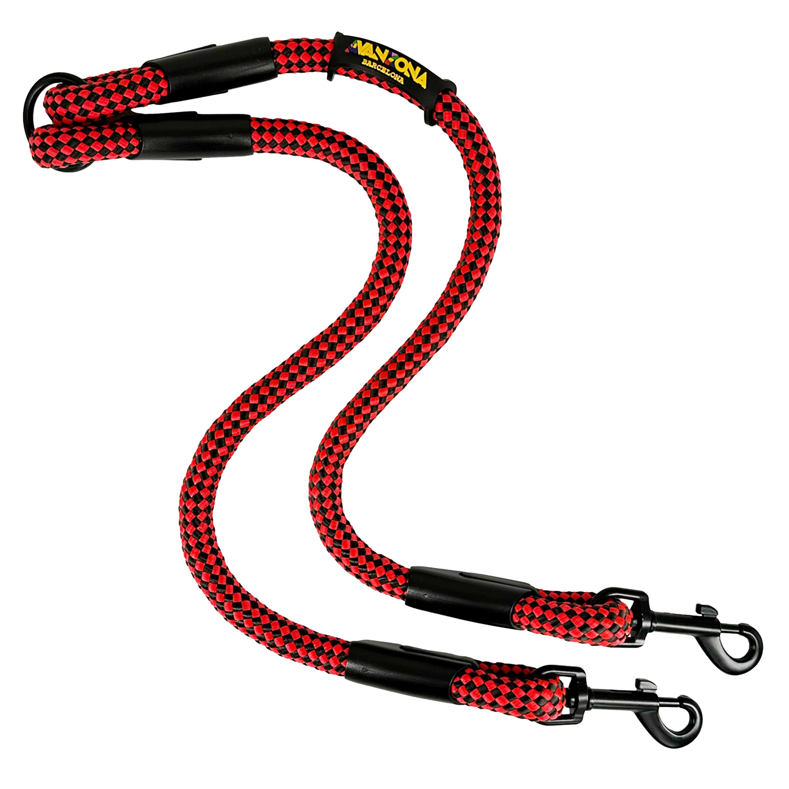 Dog Lead, Double Hooks for 2 Dogs, Made in Spain, for Small Medium and Large Dogs. Red&Black