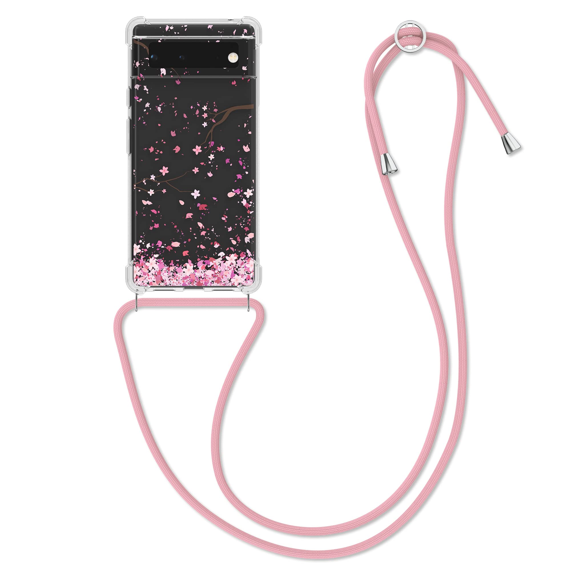 kwmobile Crossbody Case Compatible with Google Pixel 6 Case Strap - Cherry Blossoms Pink/Dark Brown/Transparent — image 1