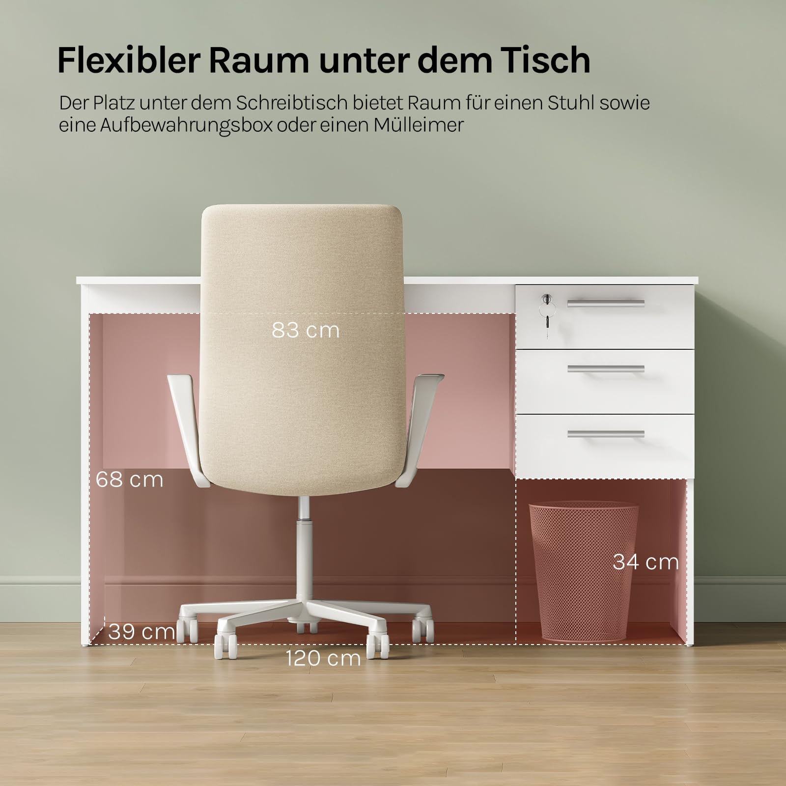 WOLTU Schreibtisch mit 3 Schubladen, Computertisch Weiß, 120x60cm Bürotisch PC Tisch, Kinder Arbeitstisch, für Arbeitszimmer Schlafzimmer Wohnzimmer 6