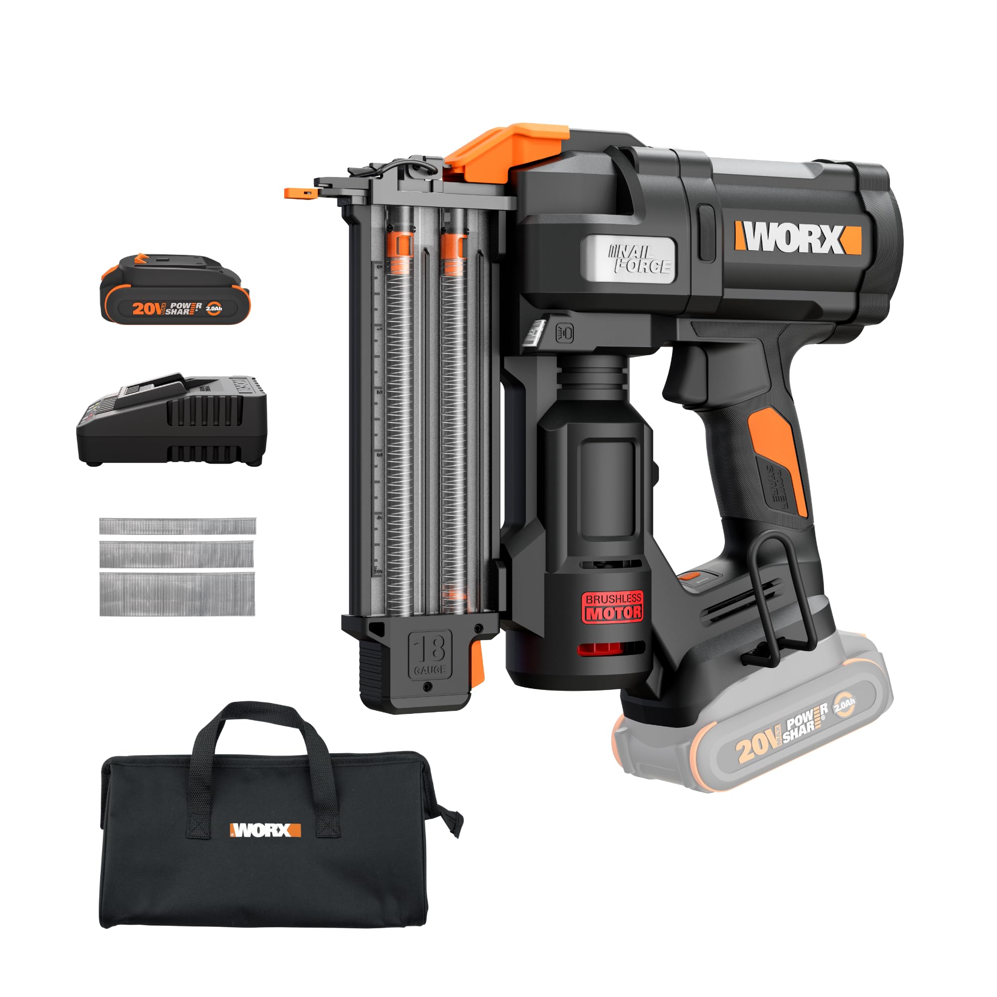 WORX Brad Nailer Cordless, 20V 18 ga Brushless Nail Gun Cordless, High Driving Power, Up to 2-⅛" into Hardwood, Narrow Nose, 3 LEDs, 3000 Nails & 20V 2.0 Ah Battery and Charger Included, PowerShare Image