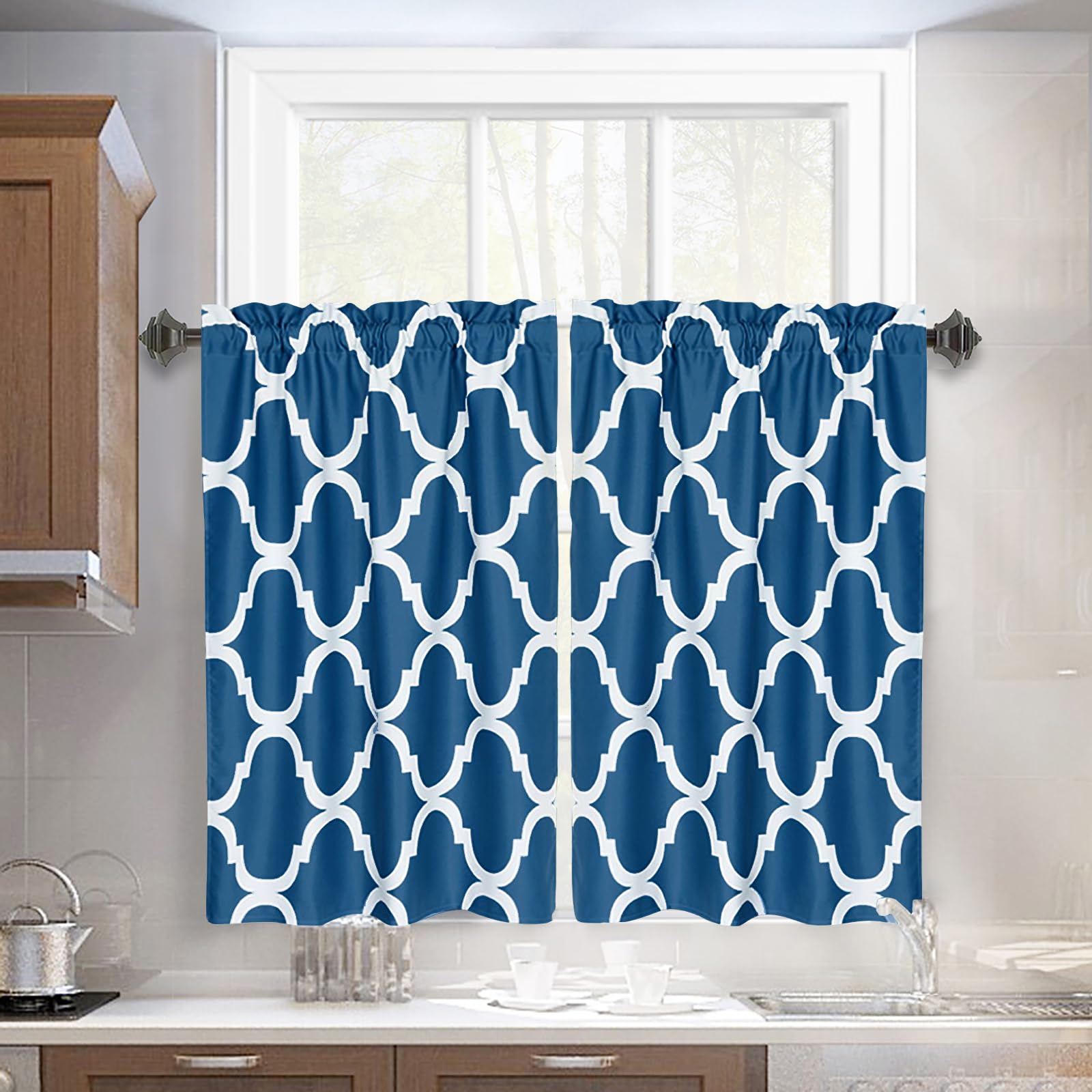 Melodieux Set of 2 Moroccan Fashion Tier Curtains for Kitchen,Geometric Lattice Rod Pocket Curtains for Cafe Bathroom Small Windows,36 Inch Length,Navy, Tiers - 29x36 Inch