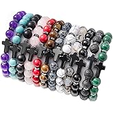 SAMOCO 12Pcs Natural Stone Beaded Bracelets for Women Men Semi-Precious Gemstones Crystal Bracelets Easter Basket Stuffers Cross Beaded Bracelet Unisex Adjustable Stretch Bracelets 8MM