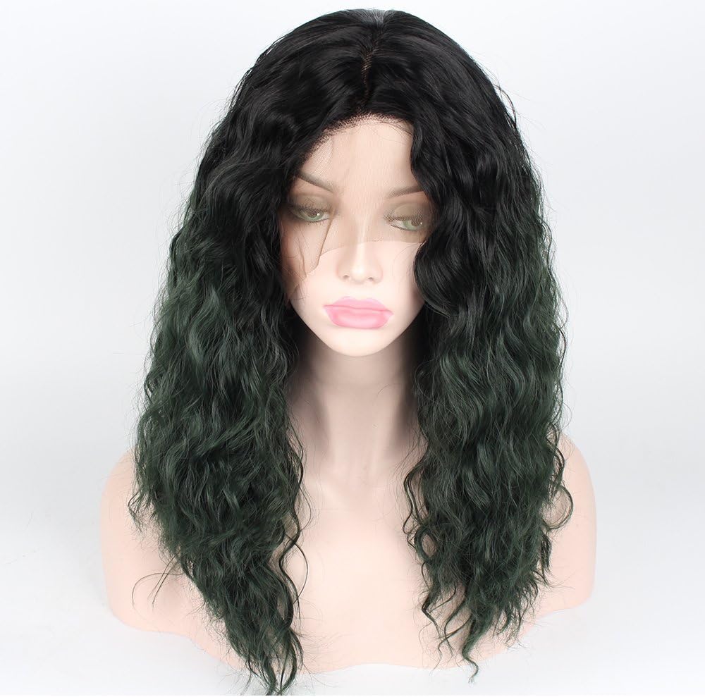 SHANDIREN Loose Wave 16" Lace Front Wigs Shoulder Length Synthetic High Density Black Green Ombre Wig Two Tone Glueless with Dark Root Heat Resistant Fiber Wigs For Women
