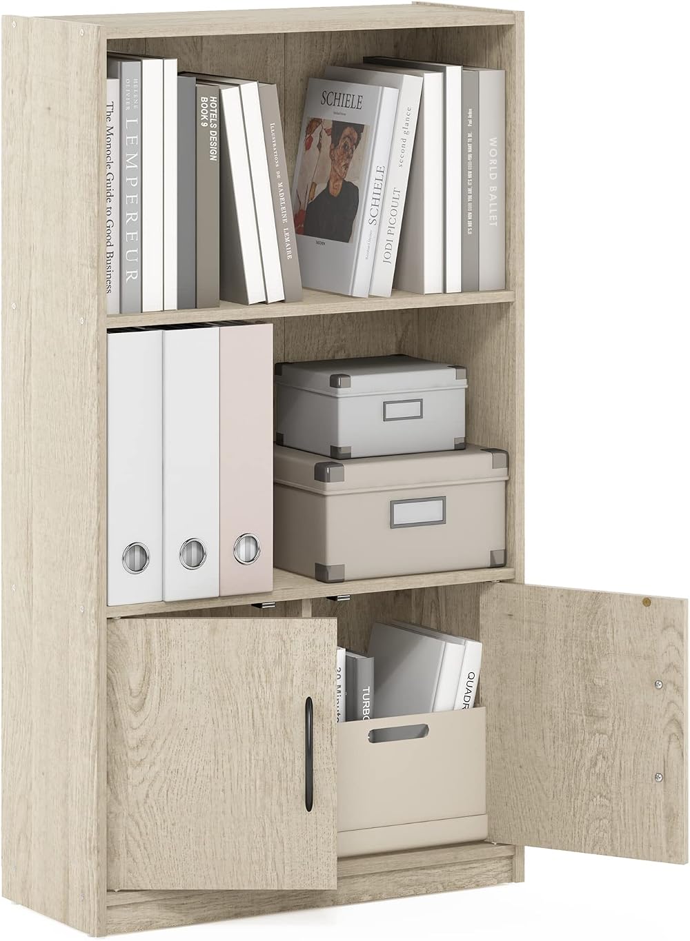 Furinno GRUEN 3-Tier Book Shelf with Cabinet Metropolitan Pine