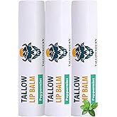 Tallowbourn Moisturizing Tallow Lip Balm – Grass-Fed Beef Tallow with Organic Coconut Oil, Beeswax, and Vitamin E – Peppermint – Lip Balm Set – Travel Essential – 3-Pack