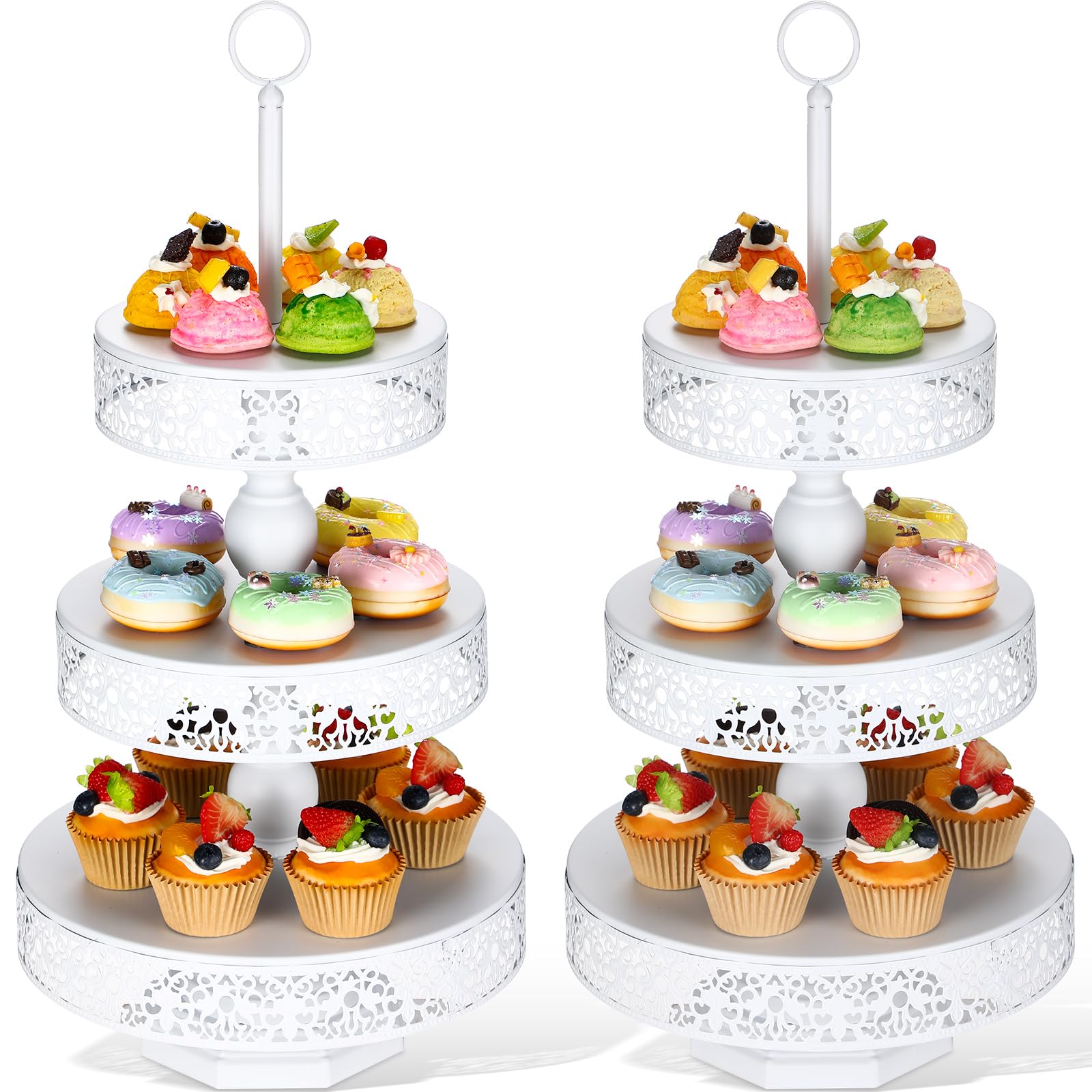 Photo 1 of Dandat 2 Pcs Cupcake 3 Tiered Metal Dessert Stand Round Cupcake Tower Cake Holder Stand Tiered Serving Tray for Wedding Baby Shower Birthday Tea Party Table Decor(White)
