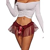 OYOANGLE Women's Mesh Babydoll Lingerie Cute Bow Tie Ruffle Lace Trim Thong Panty Low Rise Underwear