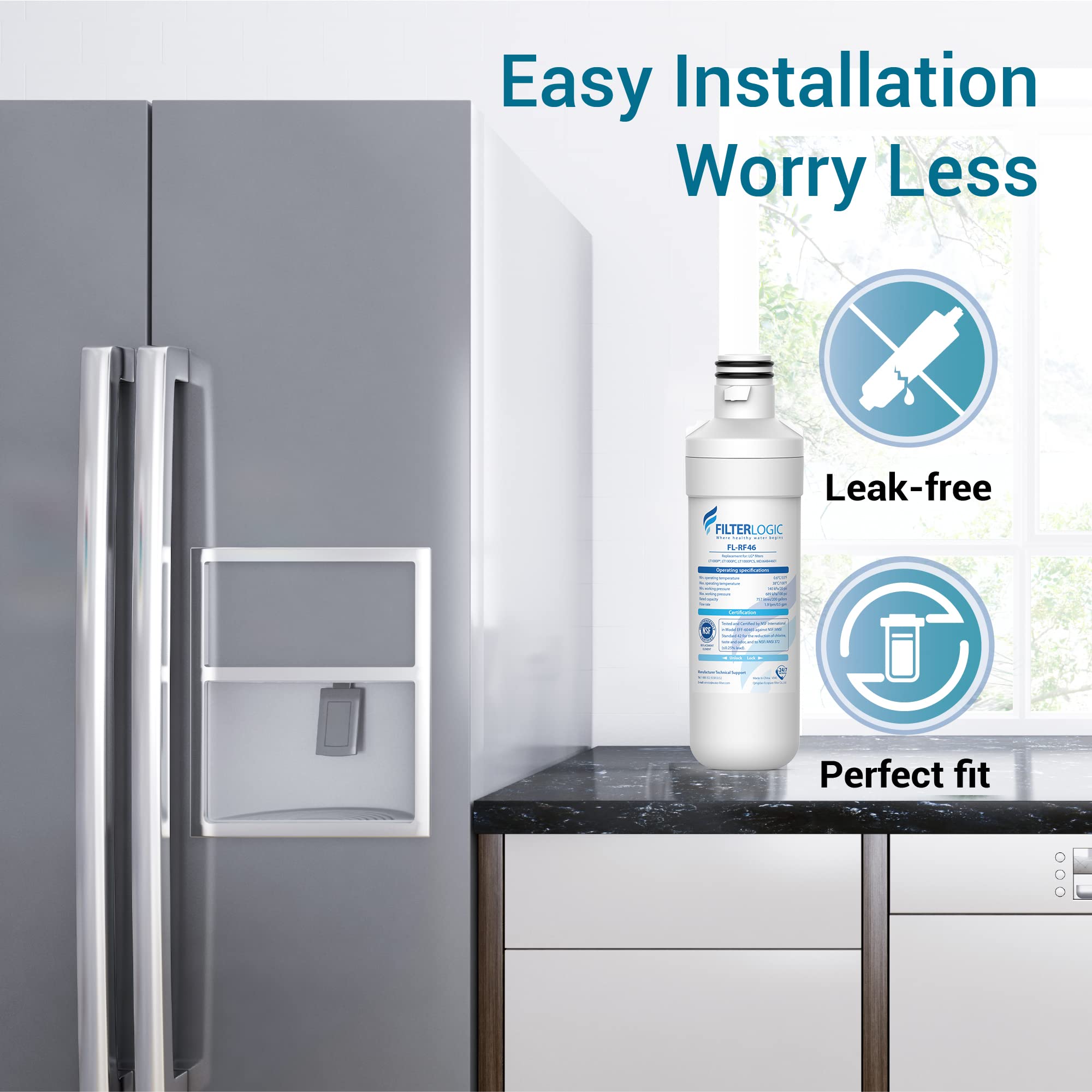 Filterlogic LT1000PC ADQ747935 MDJ64844601 Refrigerator Water Filter, Replacement for LG® LT1000P®/PC/PCS, LFXS26596S, LFXS28596S, LFXC22526S, ADQ74793501, ADQ74793502, Kenmore 46-9980, 3 Filters
