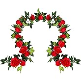 UKELER 2 Pack 14FT Artificial Rose Vines Red Flower Garland Artificial Rose Flowers with Green Leaves Floral Plant for Wedding Arch Party Garden Craft Home Decor