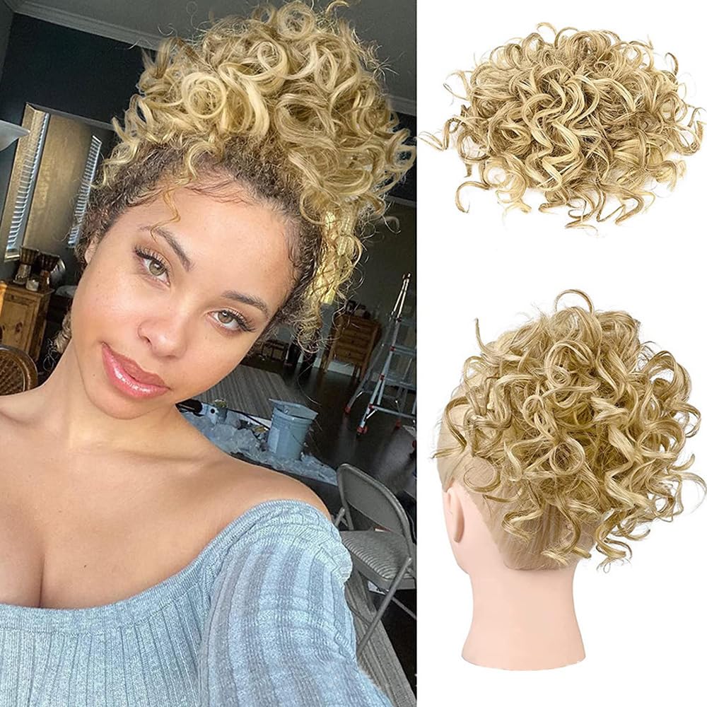 FDEETY Messy Bun Short Ponytail Hair Piece Drawstring Hair Extensions Curly Wavy Hair Puff Synthetic for Women Scrunchy Fake Hairpieces Accessories Scrunchies（Blonde）