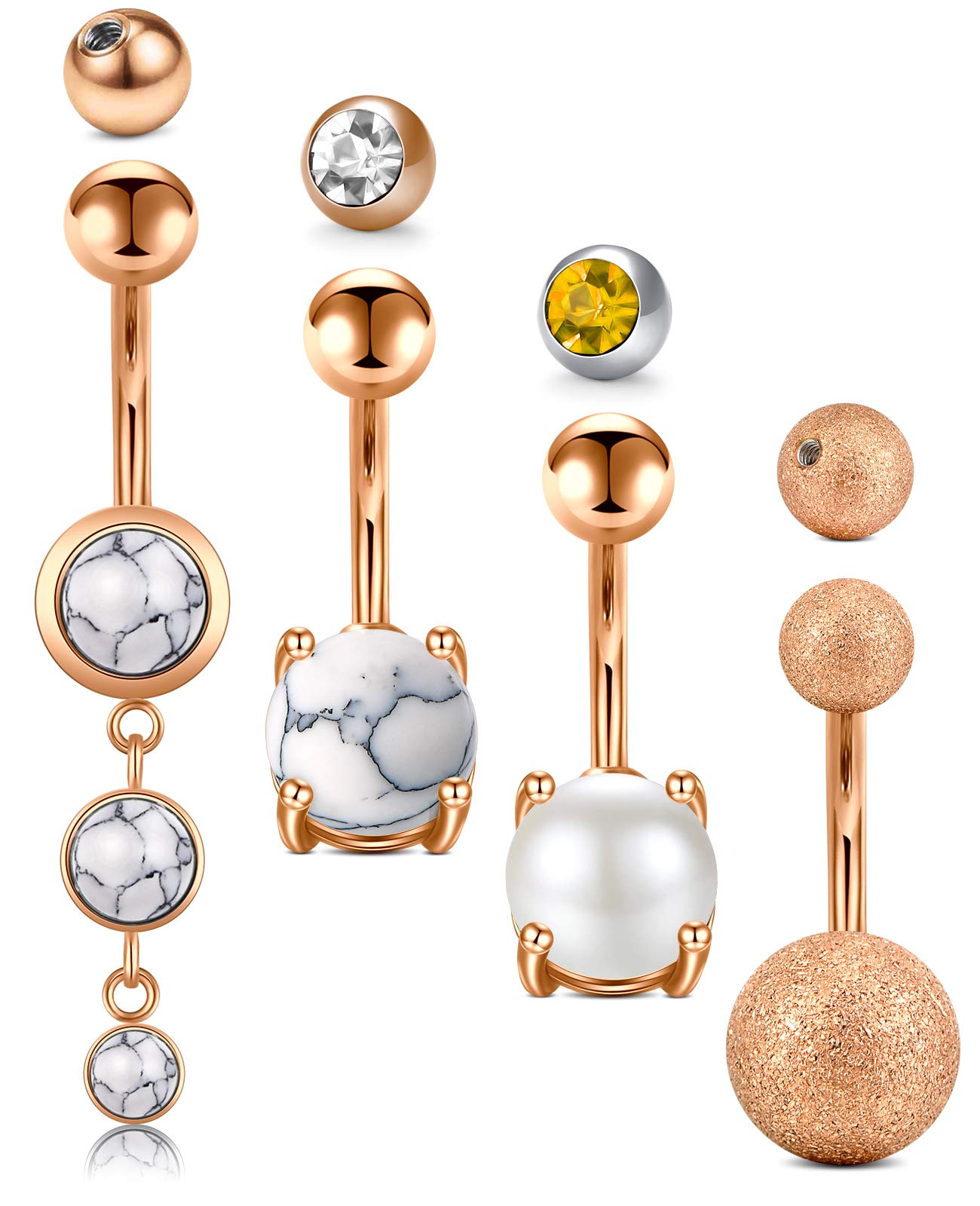AceFun Belly Bar Dangle Rose Gold 4pcs Belly Button Bar 14G with Ball of remplacement Surgical Steel Opal Chain Marble Pearl Belly Ring Navel Ring Banana Body Piercing Jewelry