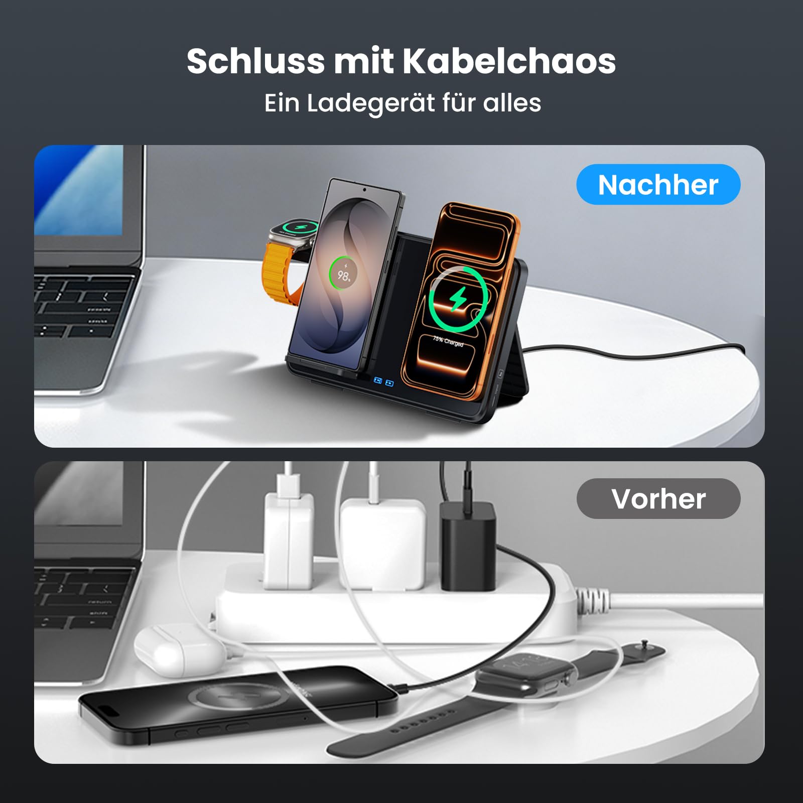 Dual Induktive Ladestation für iPhone & Samsung – Faltbarer 4-in-1 Wireless Charger mit Nachtlicht für Apple Watch & AirPods, reisefreundlich, inkl. PD 30W Adapter, Schnellladen kompatibel 7