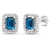 Gem Stone King Halo Earring for Women | 925 Sterling Silver | Gemstone Birthstone Earrings | Emerald Cut 8X6MM | Fine Jewelry Gifts for Her Mom Women Wife