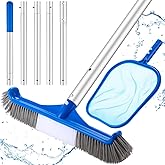 Potchen 3 Pcs Pool Cleaning Kit with Hand Skimmer Net, 47.24" Aluminum Pole and 17.5" Long Pool Brush Maintenance Accessory Tool for Above Ground Inground Ponds Home Tubs Spa
